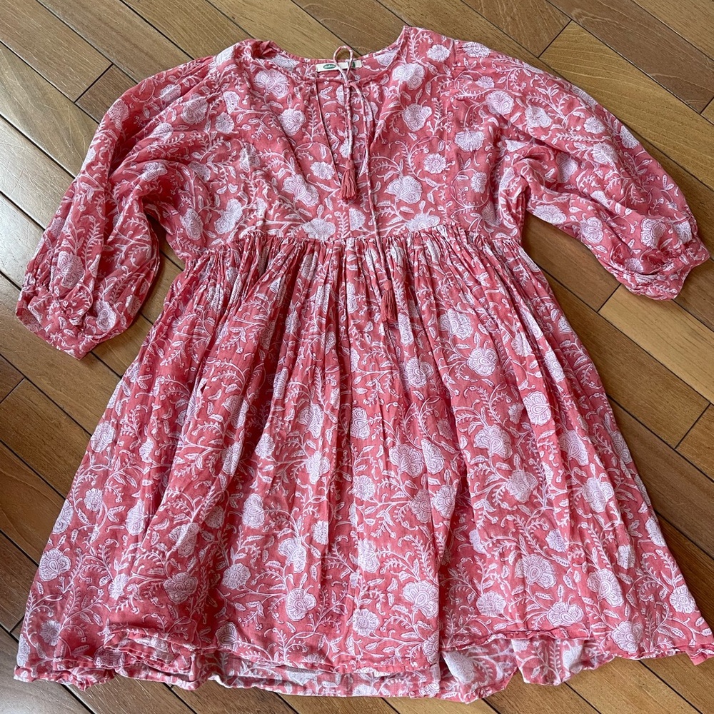 Dolma Raya Floral Mini Dress Small Pink Boho Tassel Tie Peasant Tunic - Picture 2 of 12
